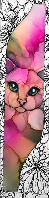 Free abstract cat art bookmarks featuring a sneaky cat in green and pink abstract art